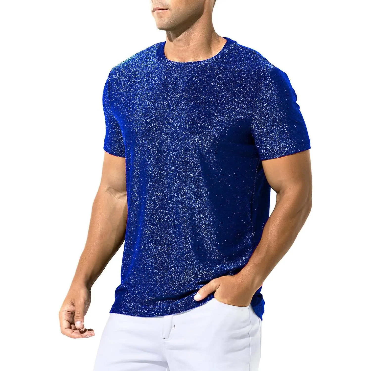 Men's Metallic Shiny Short-Sleeve Tshirt - Novelty Disco Rave Nightclub Tops - Menswear Matching Glitter Hot Top, Casual, Sexy, Streetwear, Gym, Soft, Shortsleeve, Fashion, Loose Fit
