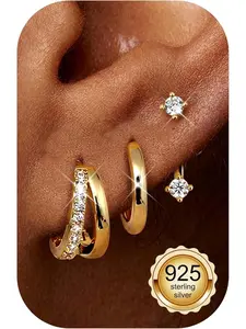 3 Pairs 925 Sterling Silver Stud Hoop Earrings for Women 14K Gold Plated Hypoallergenic Earrings Jewelry Stacks with Cubic Zirconia Huggie Silver Earrings Sets for Multiple Piercings Gold/Silver