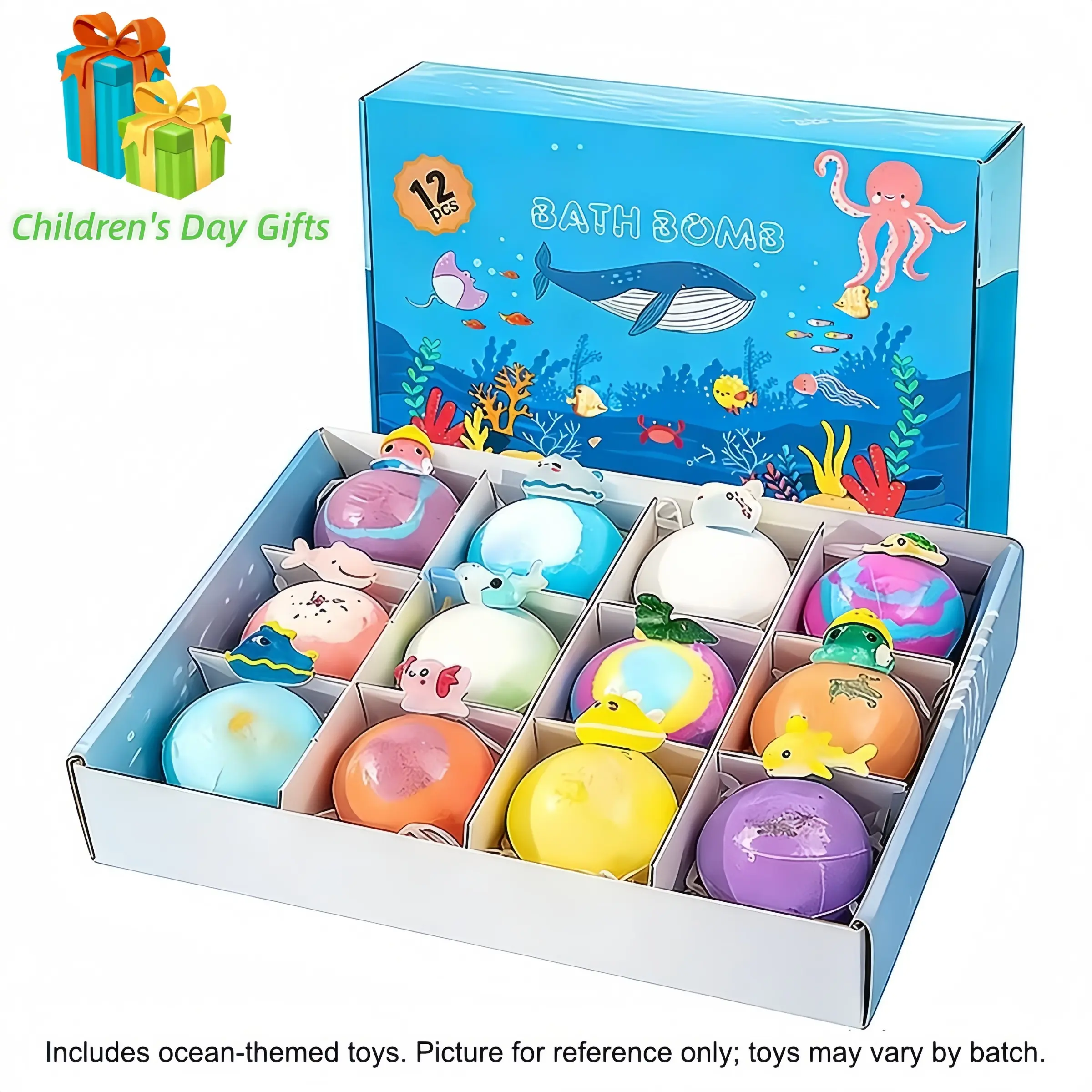 Ocean Toy Bath Salt Ball Set, Bath Bomb Set, 12 Bubble Bath Balls with Kids Bathtub Toys Gift Box, Fun Day Gift, Perfect for Bath Time, Body Care