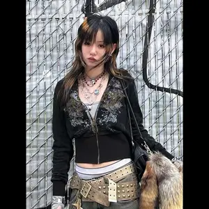 NewGothic Print Rhinestone Hooded Jacket, Zipper Long Sleeve Streetwear Coat, Fall Halloween, Women's Fashion Outerwear