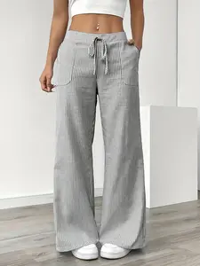 Elegant Women's Striped Straight Leg Pants, Elastic Waistband, Vertical Stripes, Side Pockets, All Seasons Comfort