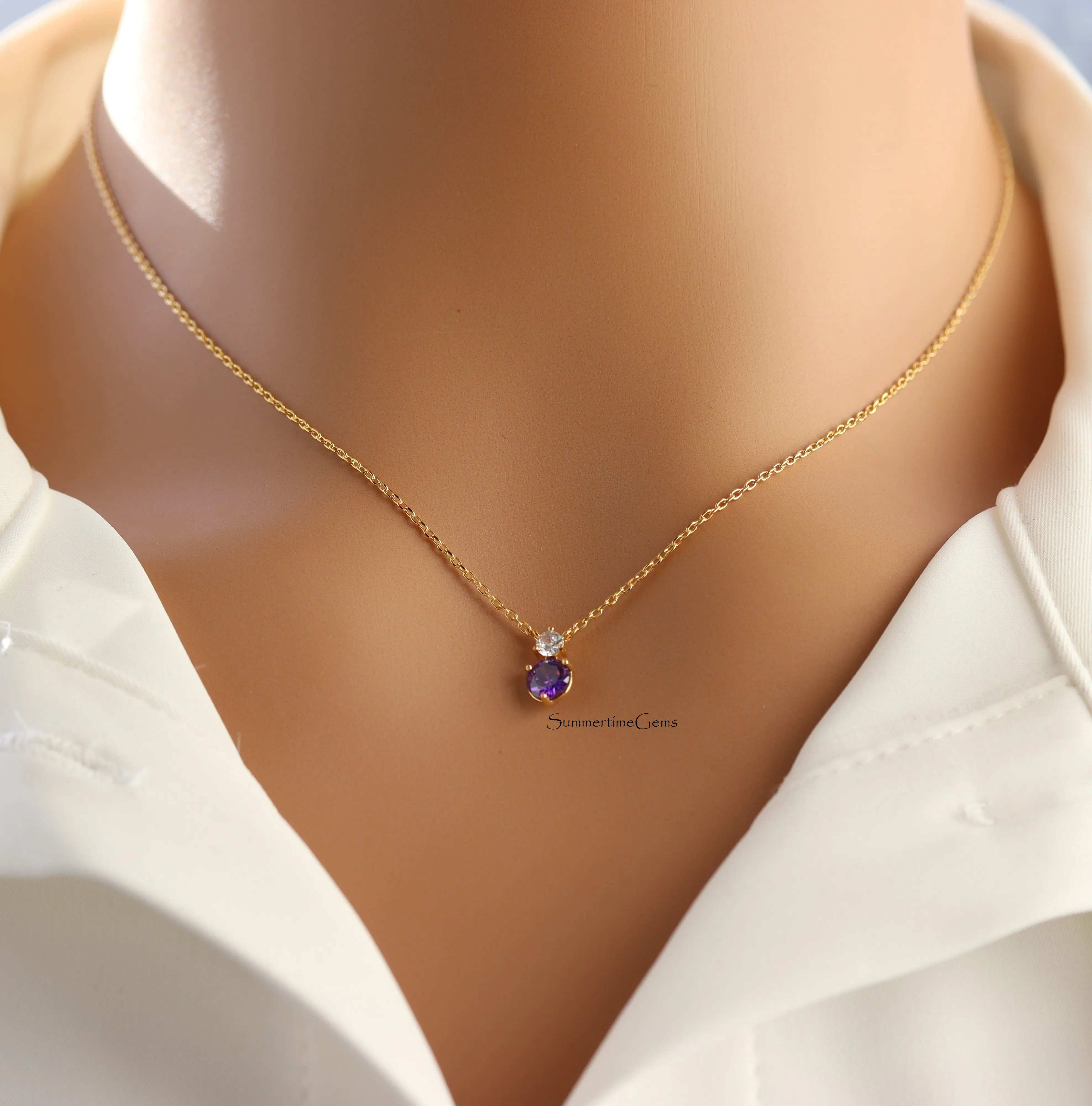 18K Gold Plated February Amethyst Birthstone Pendant Necklace – Elegant Purple Crystal Jewelry for February Birthdays