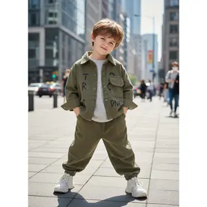 Boys' 2-Piece Corduroy Sports Clothes Set - Cotton Plain Alphabet Print Shirt, Jogger Pants for Spring & Autumn Outdoor Wear