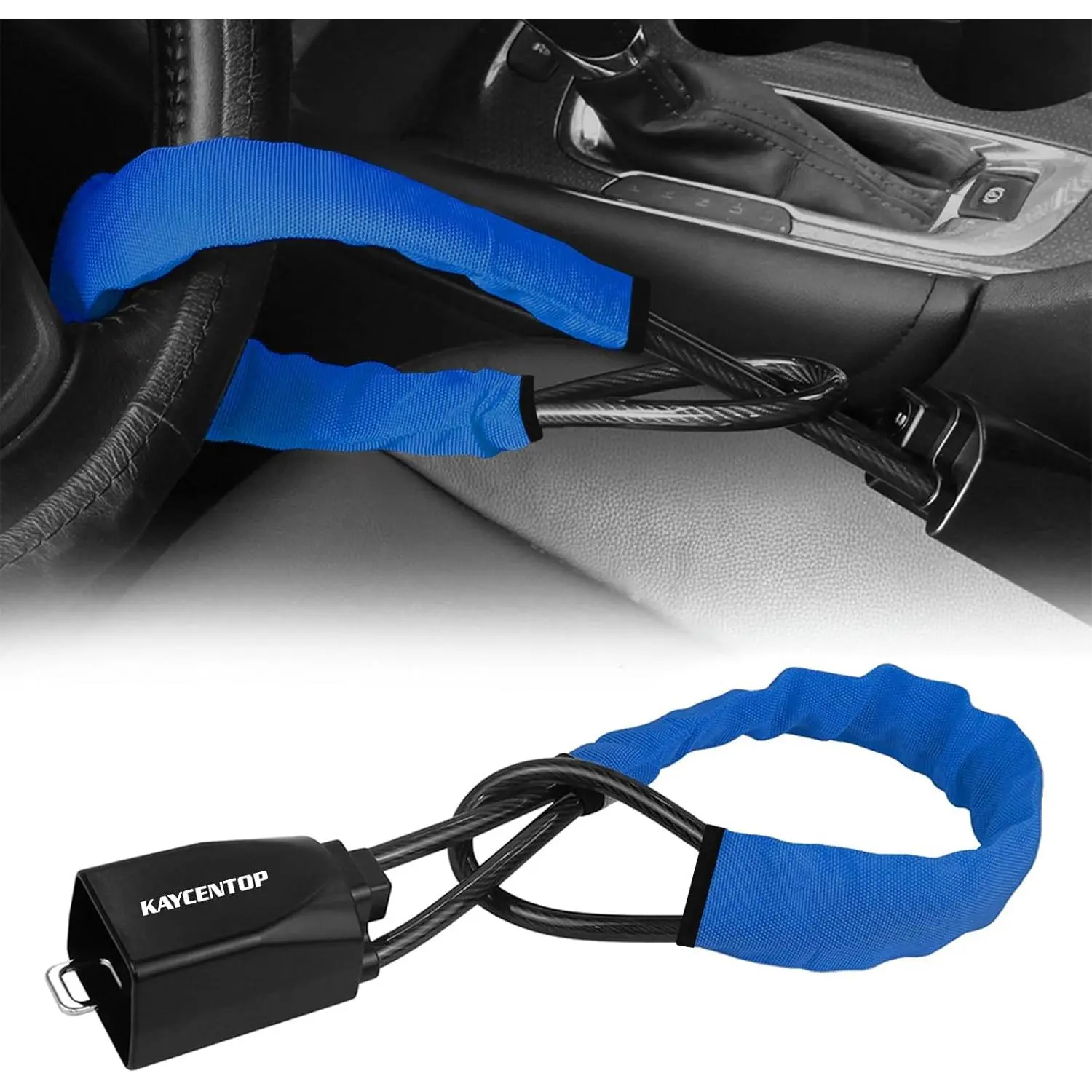 KAYCENTOP Car Steering Wheel Lock, Seat Belt Lock, Anti-Theft Device, Max 17 Inch Length, Small and Light-Weight, Multi-Functional, Fit Most Vehicle, SUV, Golf Cart Security (Blue)