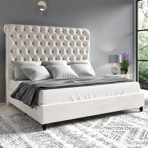 AMERLIFE Bed Frame with Sleigh Headboard, 60" Tall Velvet Upholstered Platform Bed, Handcrafted Deep Diamond Buttons and Double Pleats, No Box Spring Needed/Best Gift Ideas/Christmas Gifts[TikTokShopFallDealsForYou]