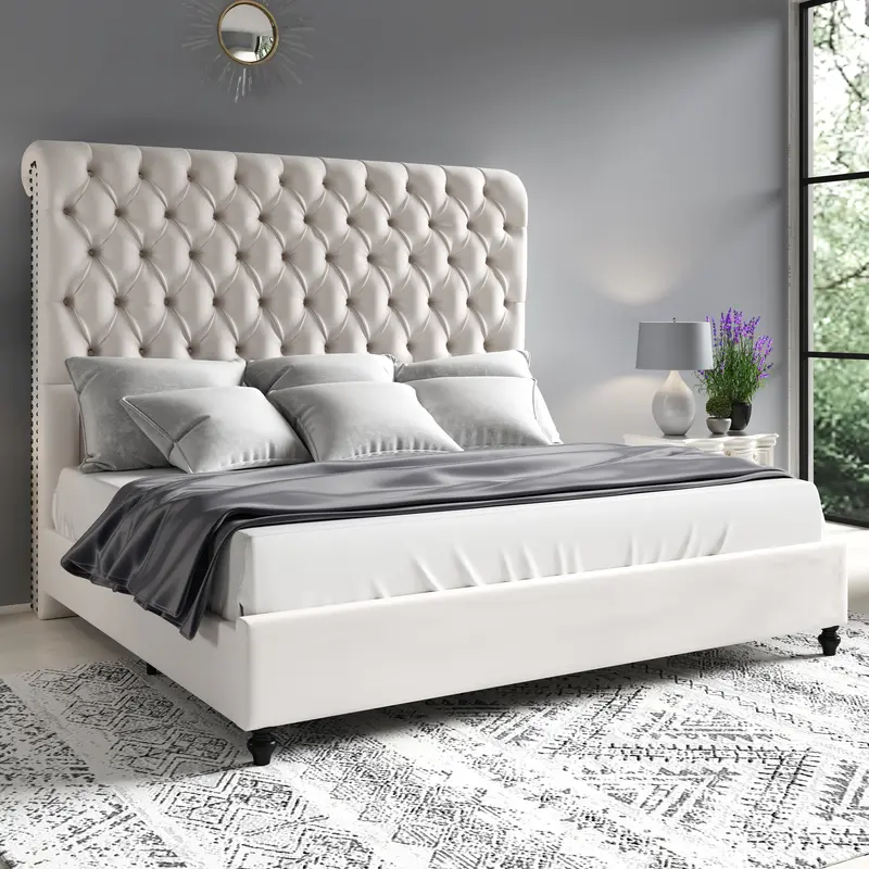 AMERLIFE Bed Frame with Sleigh Headboard, 60" Tall Velvet Upholstered Platform Bed, Handcrafted Deep Diamond Buttons and Double Pleats, No Box Spring Needed/Best Gift Ideas/Christmas Gifts[TikTokShopFallDealsForYou]