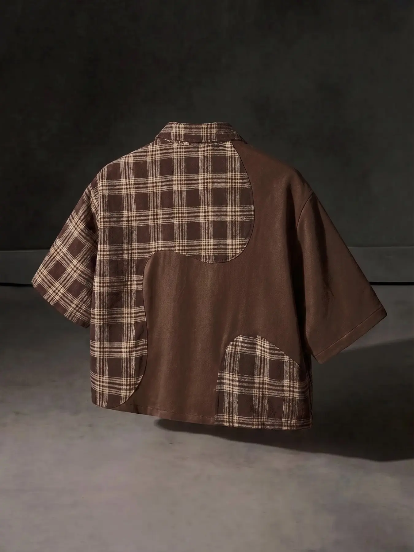 Men's Brown Patchwork Plaid Checked Casual Shirt Top, Asymmetric Color Block Streetwear Button-Down