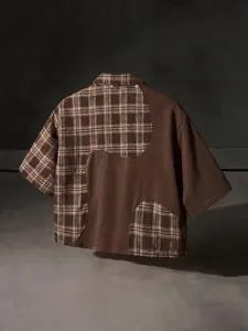 Men's Brown Patchwork Plaid Shirt, Asymmetric Color Block Streetwear Button-Down