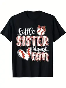Little Sister Biggest Fan Baseball Graphic T-Shirt - 100% Cotton Soft Round Neck Short Sleeve Tee with Red Heart & Baseball Stitch Design - Casual Youth Apparel for Boys & Girls (Ages 3+)