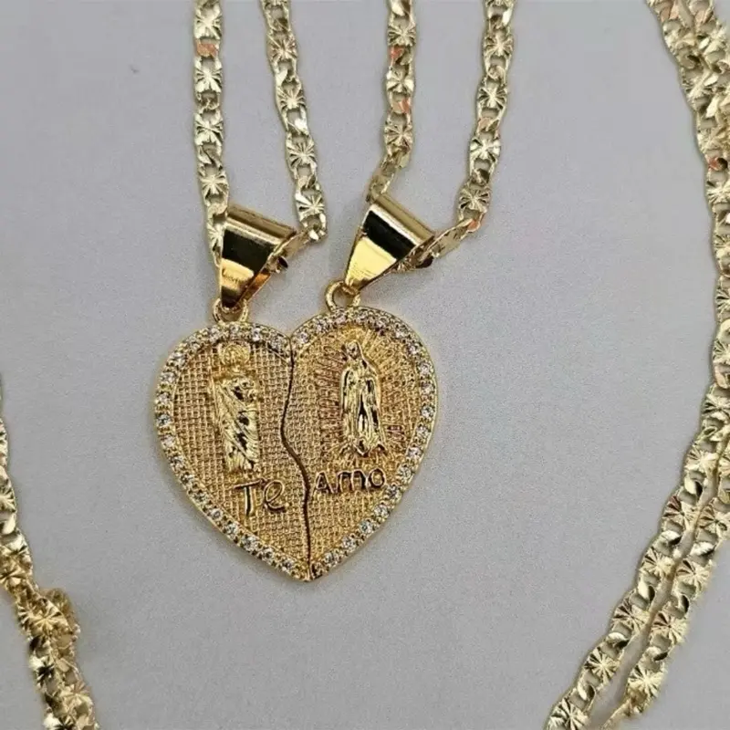 Matching Necklace For Couple Bestie San Judas Virgencita Heart Gold Plated Pendant Jewelry Set