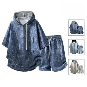 Men’s hooded short-sleeve set for summer—loose, casual tie-dye two-piece outfit with a cool, stylish look; trendy clothing with a casual, comfortable style and high quality. Short-sleeve sweatshirt with a half zip and kangaroo pocket