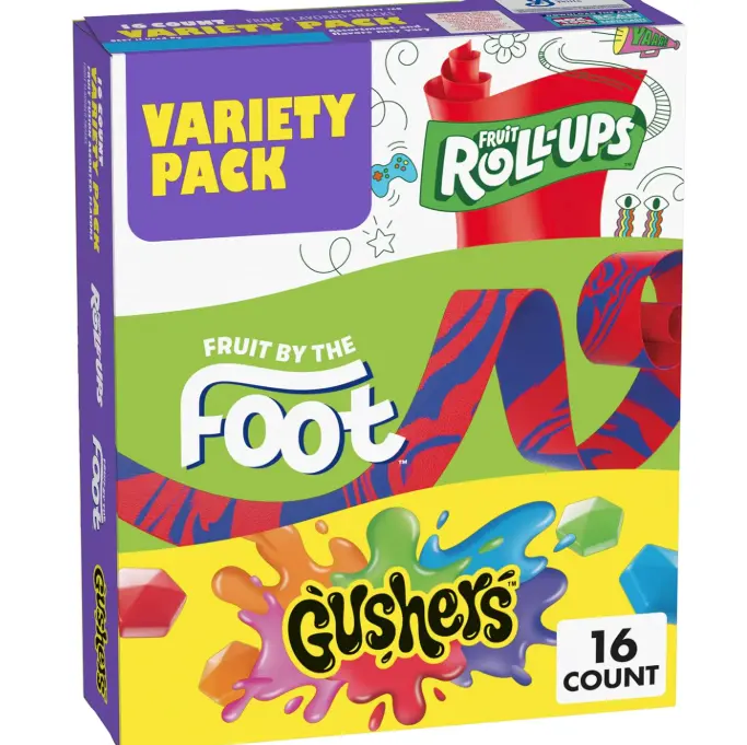 Fruit Roll-Ups, Fruit by the Foot and Gushers Fruit Flavored Snacks Variety Pack, Gluten Free, 16 Pouches, 10.2 oz