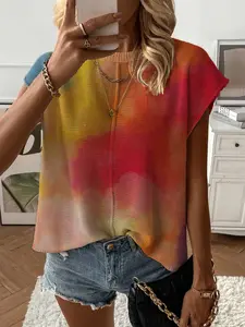 Spring Summer Women's Knit Top, Round Neck Shoulder Straps Loose Fit, Colorblock Print Short Sleeve, Casual Elegant Commuter Wear