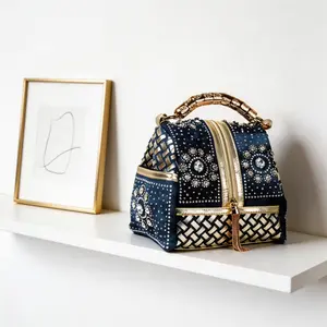 New women’s woven bucket bag with decorative tassels; denim woven small bag with diamond inlay, handheld, single-shoulder or crossbody strap, with a detachable shoulder strap and buckle closure; multifunctional bag suitable for Western, casual, and party