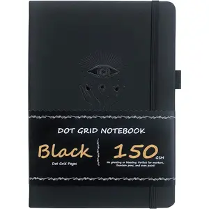 Dotted Journal - Dot Grid Notebook - 150gsm No Bleed Black Paper - 160 Black Pages - For Women and Men - A5 PU Leather Hardcover 5.75" x 8.5" and Gift Box (BKB-1)