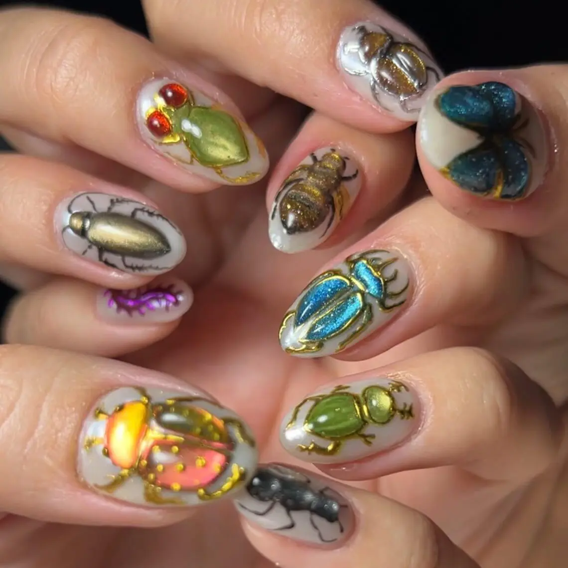 Metallic Beetle Press On Nails, 3D Chrome Bug Insect Nails, Quirky Goblincore Handmade Fake Nails Set, Reusable Gel Acrylic Nail Set