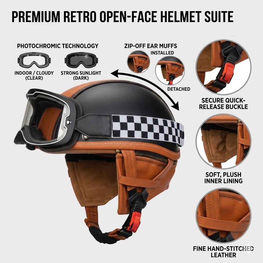 Quickool Moto DOT Vintage Leather Helmet Photochromic Goggles Retro Cafe Racer Scooter Cruiser Biker Men Women Quickool Moto DOT Vintage Leather Helmet Photochromic Goggles Retro Cafe Racer Scooter Cruiser Biker Men Women