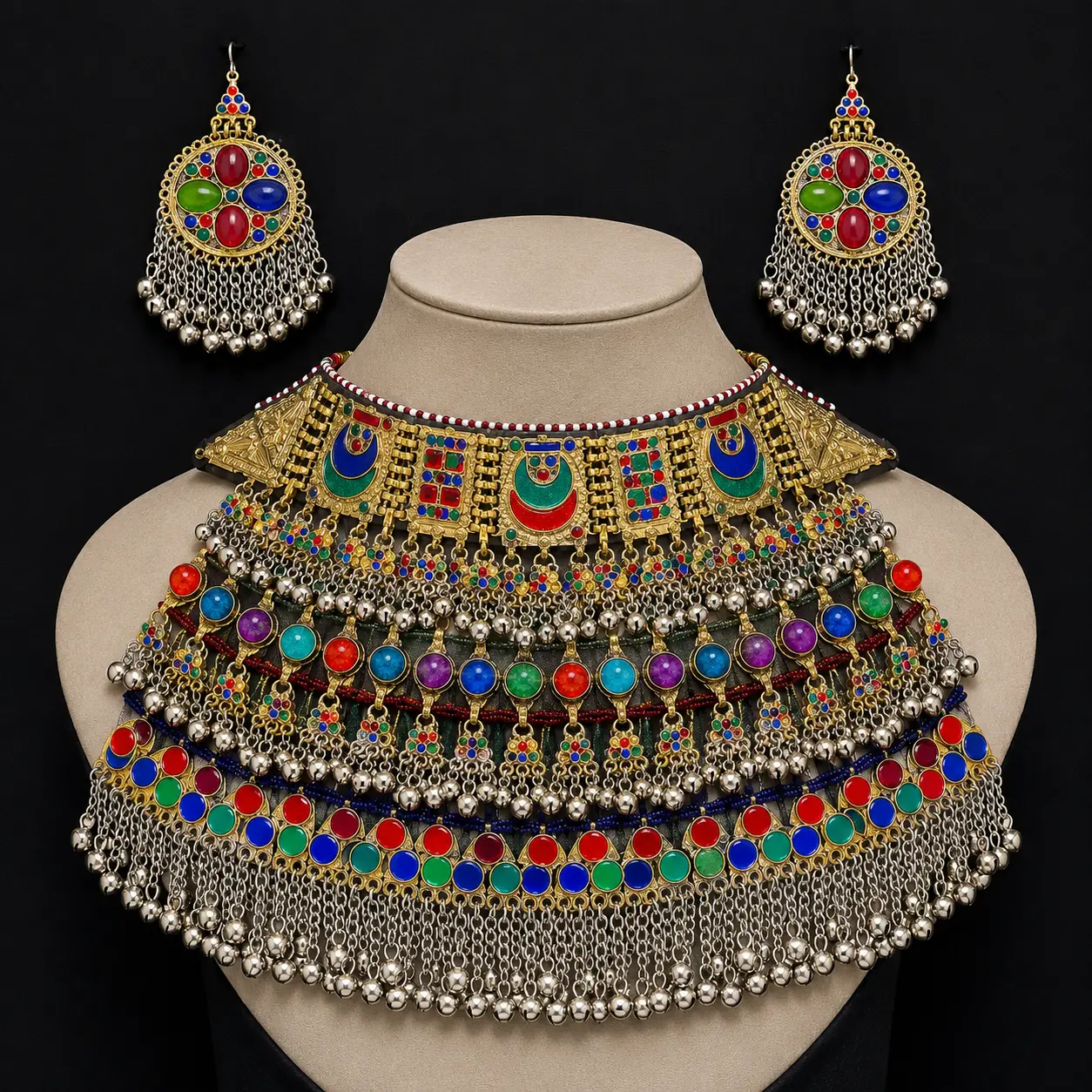 Afghan Kuchi Jewelry Set | Traditional Silver Tone Necklace & Earrings for Weddings, Eid & Nowruz