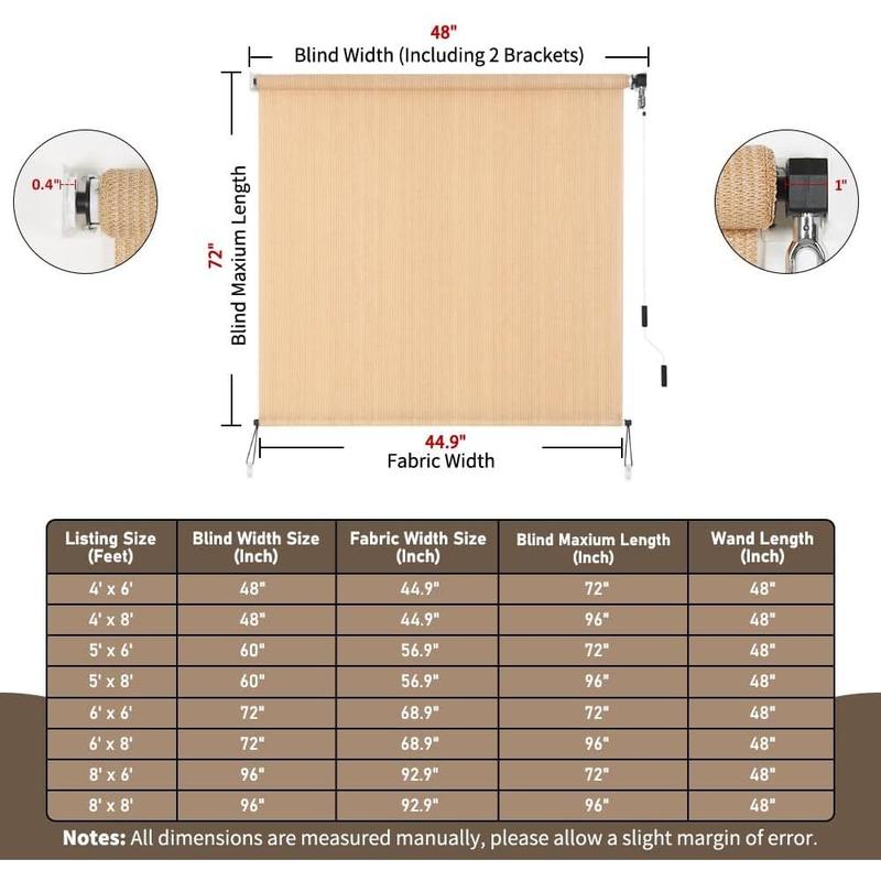 Outdoor Roller Shade 4' W x 6' L Cordless Patio Shades Roll Up Outdoors Blinds with UV Protection, Exterior Roller Shades Cloth for Porch Pergola, Walnut