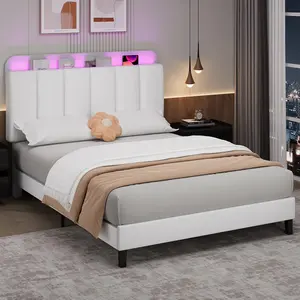 HOMBCK Bed Frame with LED Lights, Upholstered Bed Frame with Storage Headboard, Modern Platform Design Noise-Free, No Box Spring Needed, Easy Assembly