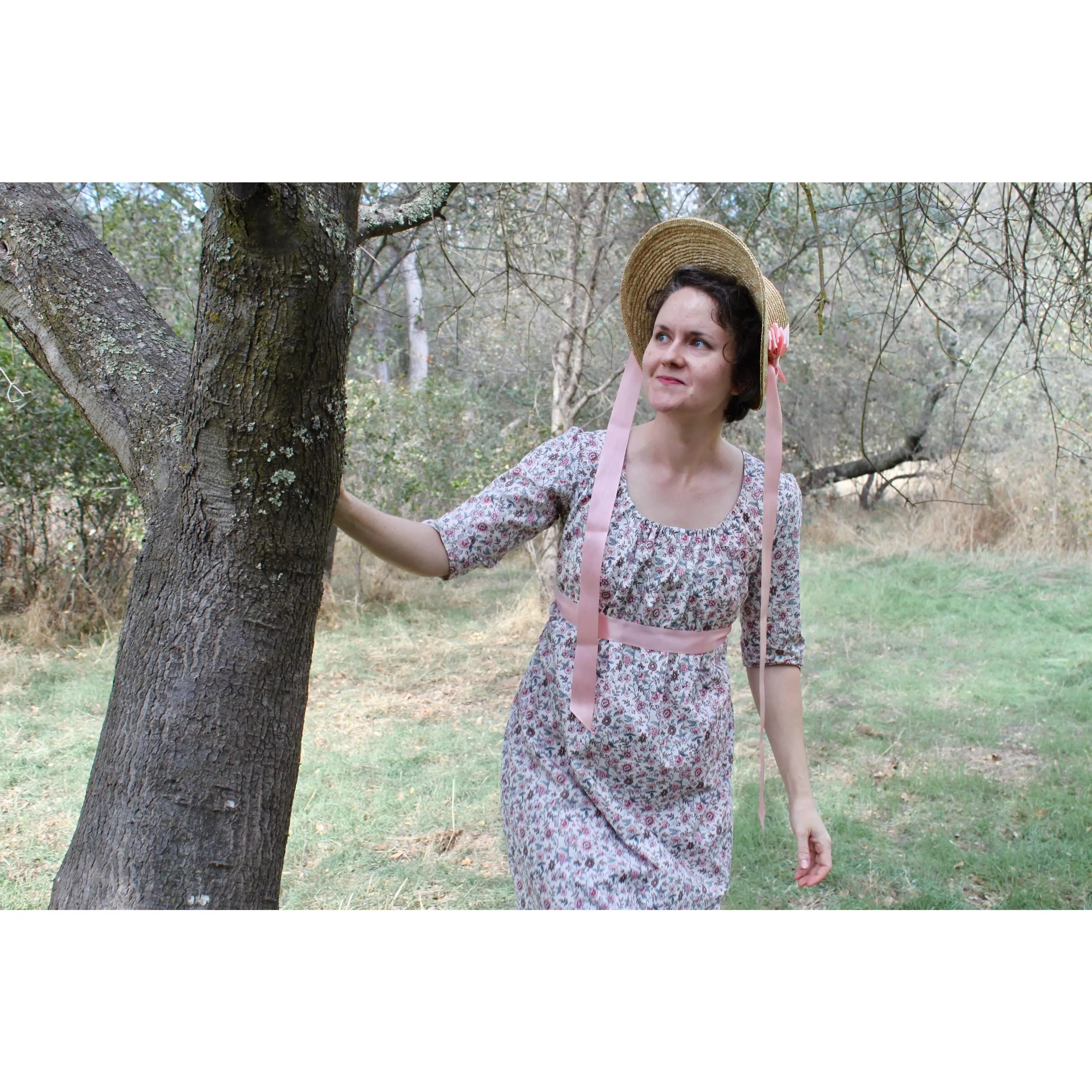 Elinor Print Regency Gown for Women, 100% Cotton Jane Austen Style Dress with Drawstring Waist and Customizable Sleeves, Lady, Long Sleeves, Casual