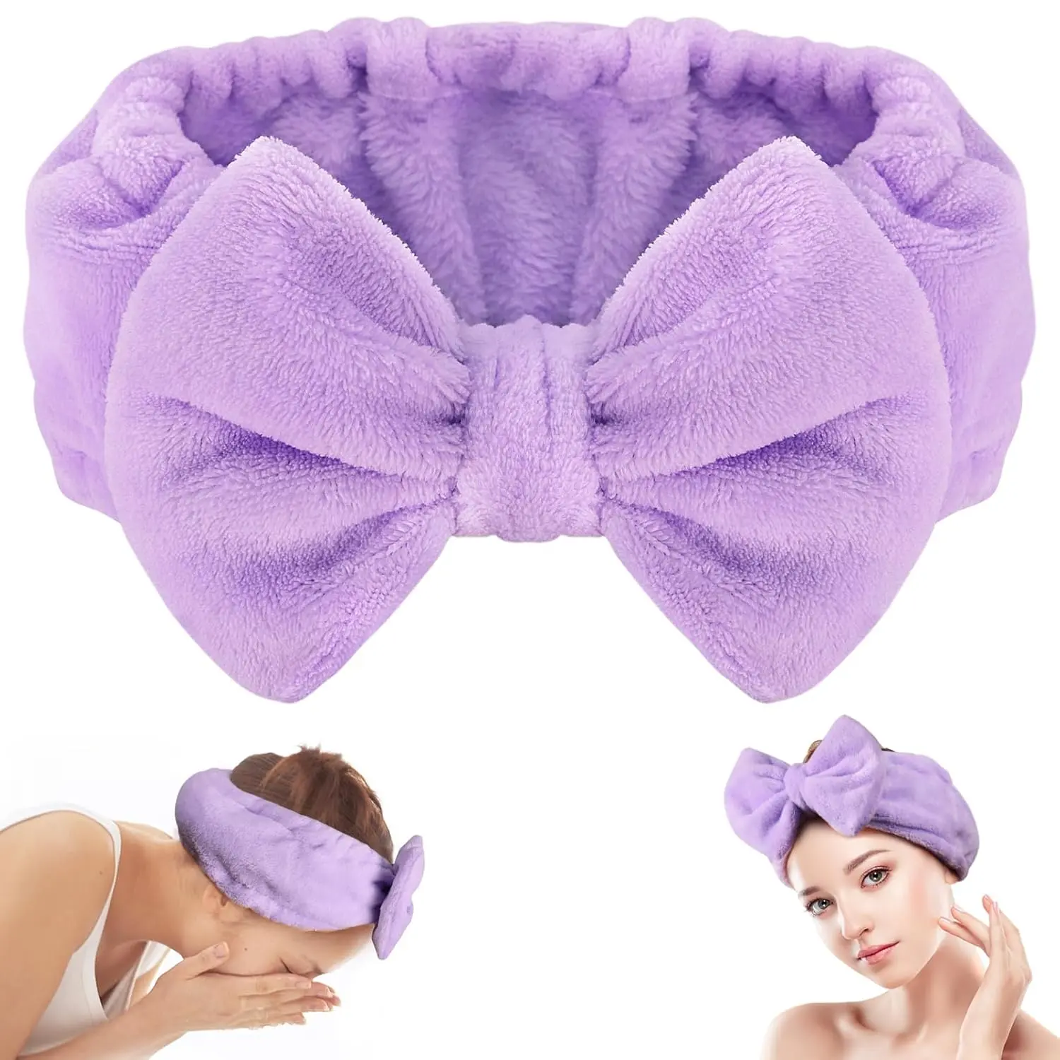 Coral Fleece Spa Headband with Sweet Bow, Soft Wide Elastic Hair Wrap for Makeup, Skincare, & Shower, Fits Most People - Purple, Christmas, Fabric, Cute, 12X21 Cm, Unisex, Soft Fleece, 4.7X8.26 Inches, Keeps Hair Dry, Sweet Look, Christmas Stocking Stuffe