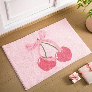 Cherry Bow Bathroom Rugs,  Bow Non-Slip Absorbent Bath Rugs,  Cute Fruit  Shower Mats, Aesthetic  Bathroom Decor for Bathtub Bedroom Living , 20x30 Inch