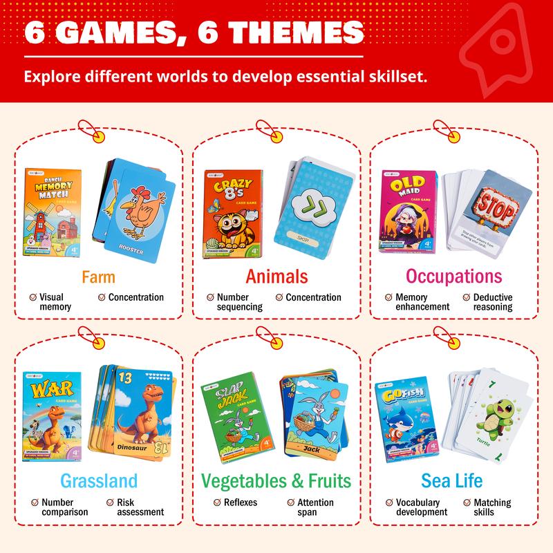 Upgraded Kids Card Games Pack, 6 Decks, Go Fish, Old Maid, Crazy Eights, Memory Match, Slap Jack, War, Playing Cards,