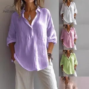 2026 Spring Summer Women's Solid Color Casual Loose Long Sleeve Linen V-Neck Shirt