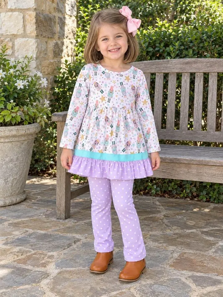 Pastel Nutcracker Girls or Toddler Size Christmas Ballet Ruffle Tunic & Polka Dot Pants Outfit