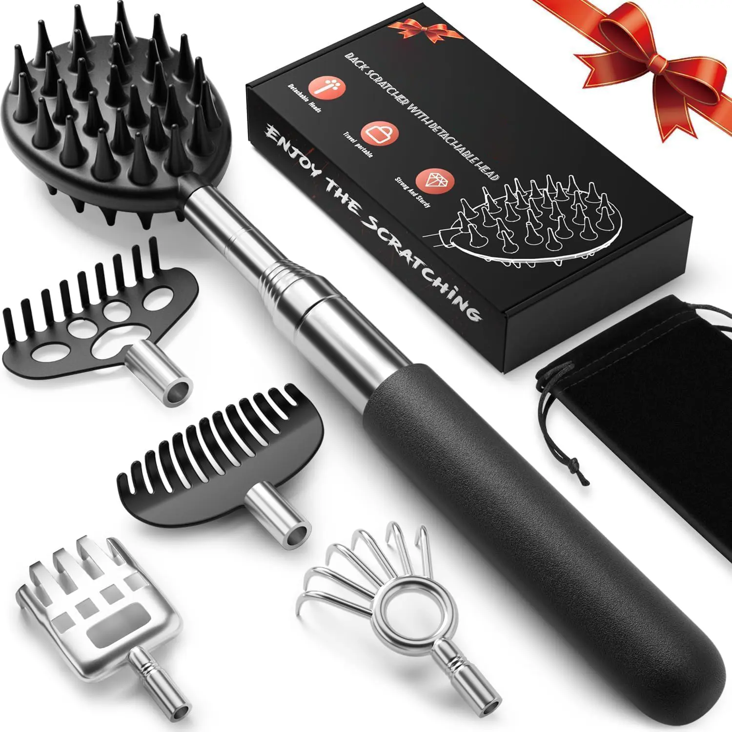 Telescoping Large Back Scratcher with 5 Detachable Heads, Extendable Back Massager Tool, Valentine's Day Gifts for Him, Gifts for Men with Beautiful Box