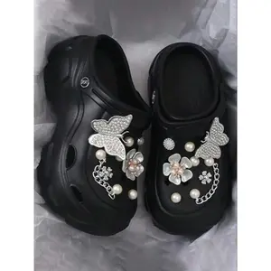Women's New Fashion Versatile Butterfly Pearl Flower Anti-Slip Height Increasing Slip-On Casual Hole Glitter Clog Shoes, EVA Slippers, Comfortable and Stylish