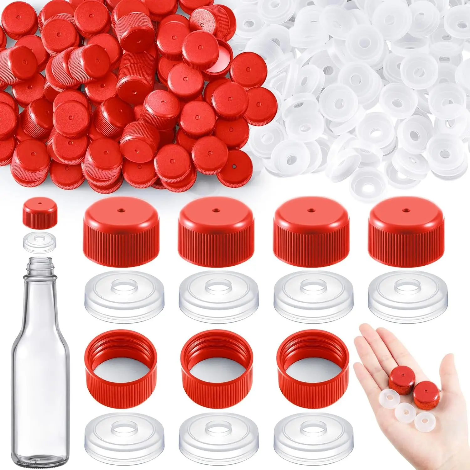 200 Pack Leak Proof Replacement Hot Sauce Bottle Screw Caps & Dripper Insert Orifice Reducers, 100 Caps + 100 Stoppers for 5oz 10oz Woozy Bottles (Red)
