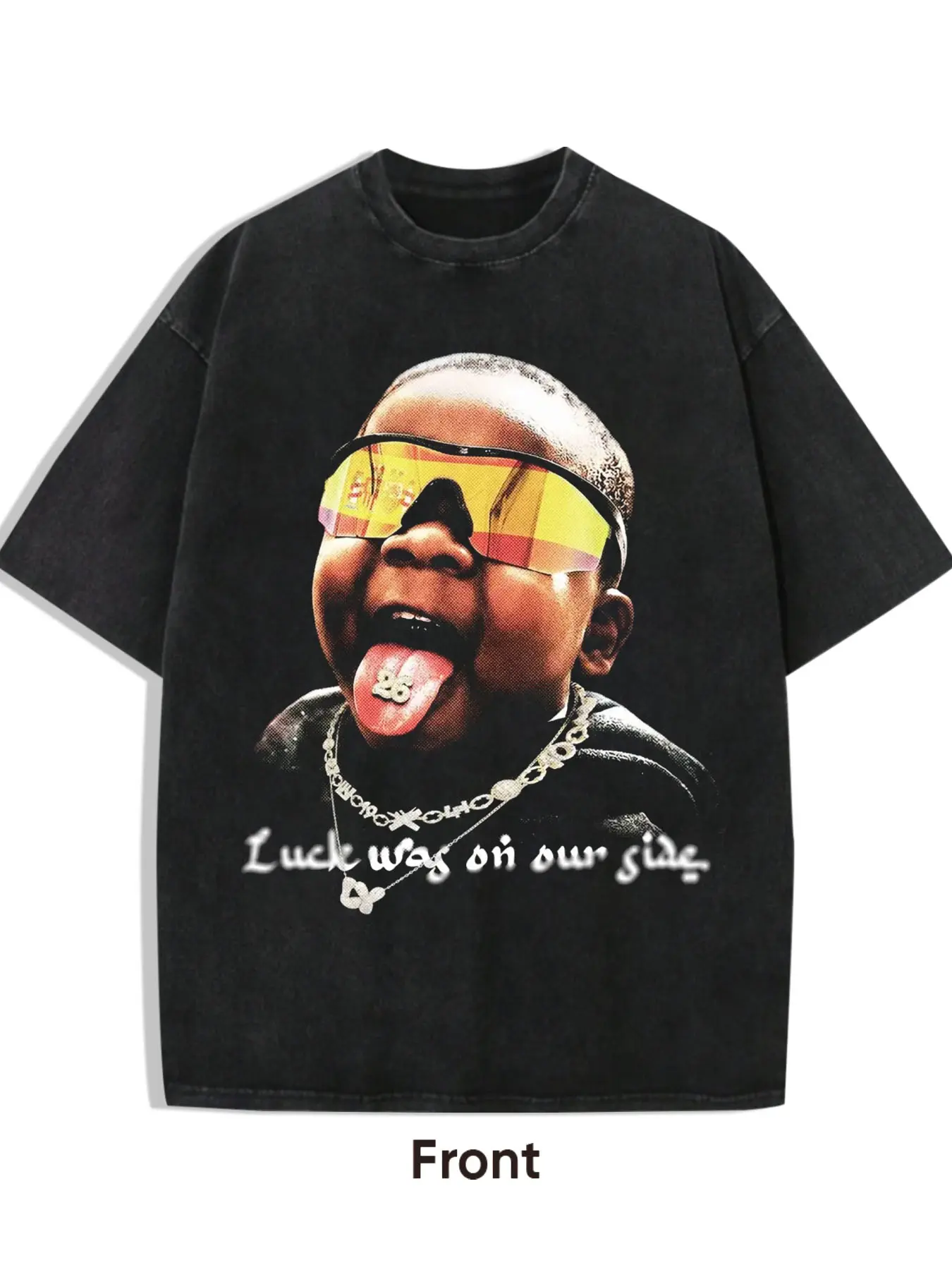1 PCS Vintage Washed Oversized Short Sleeve T-Shirt, Cool Kid With Sunglasses Portrait Graphic Print Tee, Luck Was On Our Side Letter Hip Hop Unisex Casual Streetwear Top for Men Women