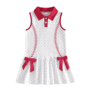Toddler Baby Girls Baseball Polo Dress Sleeveless Collared Polka Dots Print Summer Casual A Line Bow Dresses Sports Outfit