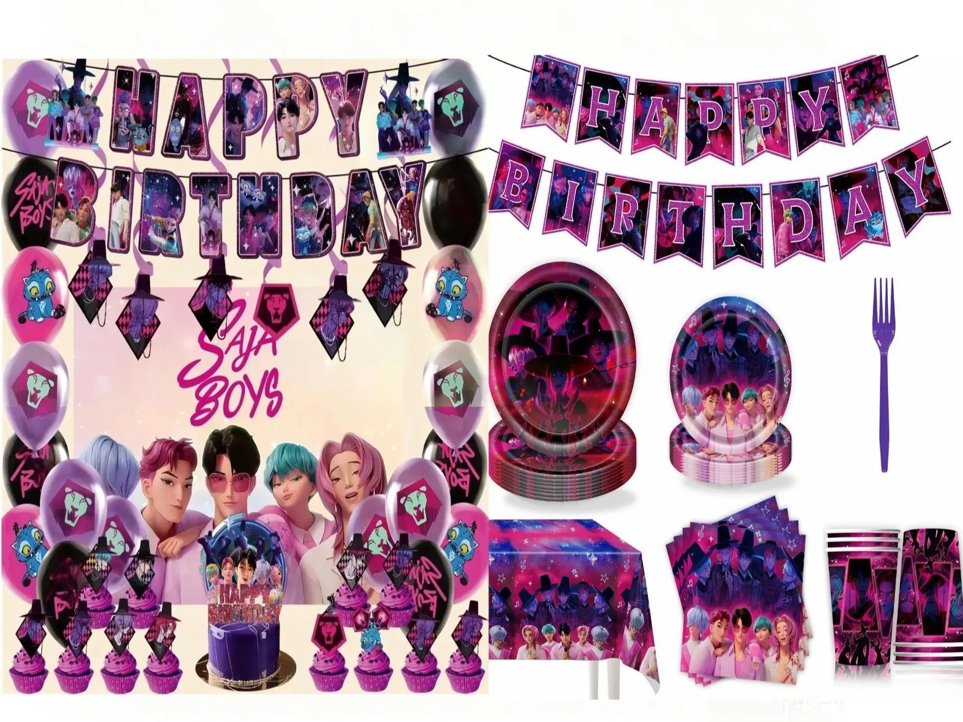 K-Pop Red Boy Cartoon Cutlery Birthday Party Supplies Set: Disposable Tablecloth, Paper Plates, Paper Cups, and Paper Forks – Party Supplies Set for 10