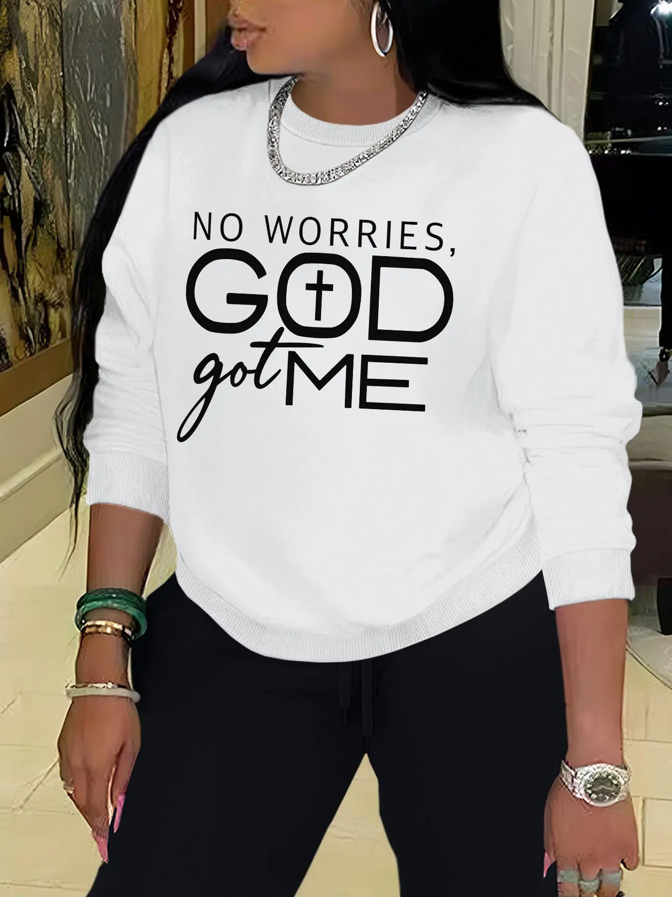 Women's Cross & Letter Print Drop Shoulder Sweatshirt, Casual Fitted Sweatshirt, Casual Long Sleeve Round Neck Pullover for Fall & Winter, Ladies Clothes for Daily Wear, Womenswear, Casual Pullover Sweatshirts