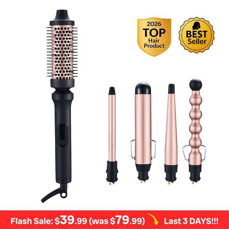5‑in‑1 Curling Wand Set with Thermal Brush, Interchangeable Ceramic Curling Barrels 0.5” 1” 1.25”, Tapered & Bubble Curling Wand, Instant Heat Curling Iron, Blowout Brush Styling Tool for Loose Waves, Tight Curls, Volume, Bangs, Rose Gold