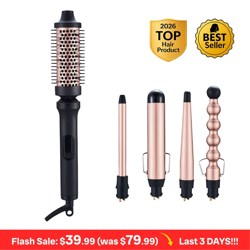5‑in‑1 Curling Wand Set with Thermal Brush, Interchangeable Ceramic Curling Barrels 0.5” 1” 1.25”, Tapered & Bubble Curling Wand, Instant Heat Curling Iron, Blowout Brush Styling Tool for Loose Waves, Tight Curls, Volume, Bangs, Rose Gold