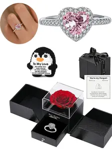 Heart Diamond Sparkling Stone Open Ring, Heart Signet Ring, Handmade Crochet Penguin, Valentine's Day Gift Jewelry, Minimalist Rose Flower Box