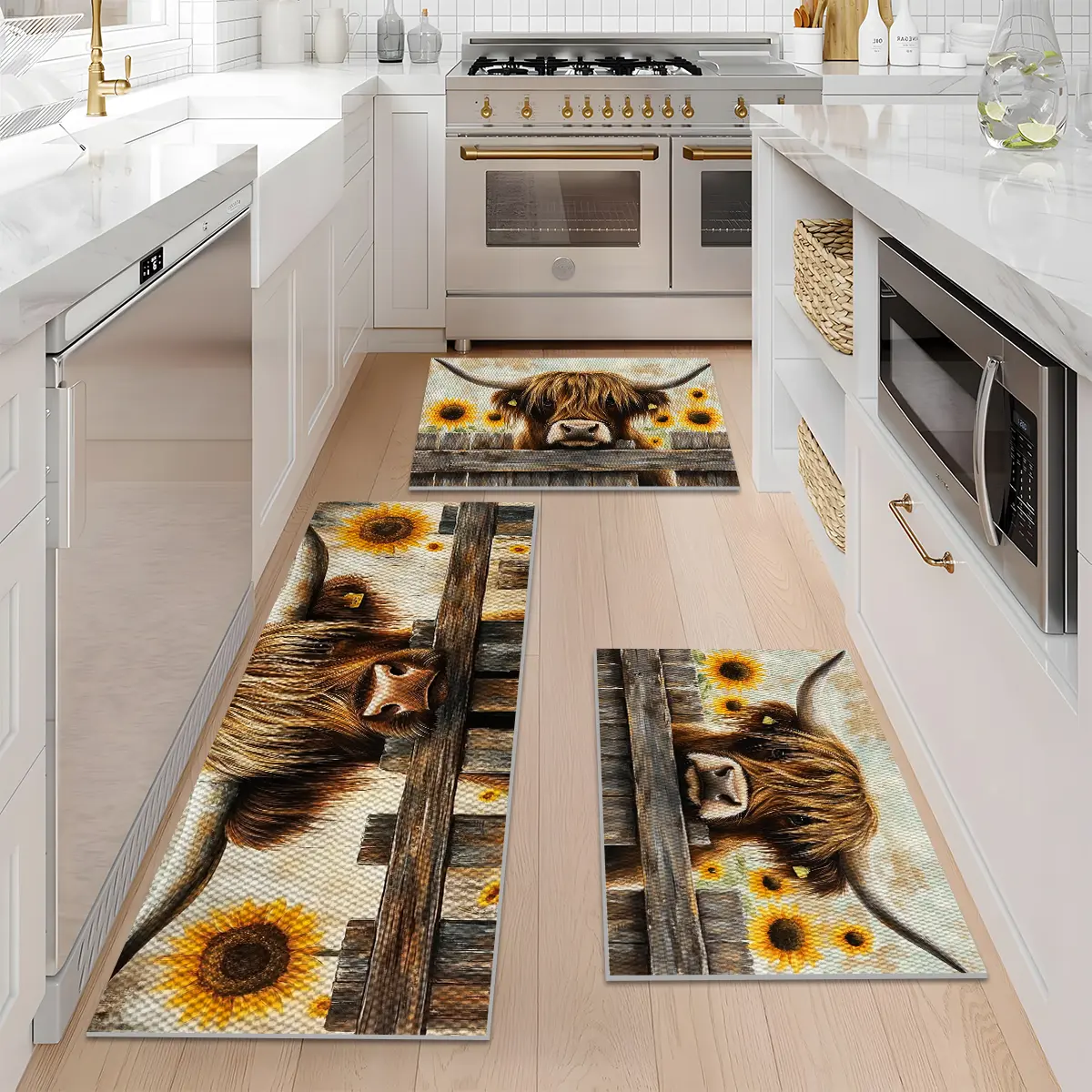 1/2/3PCS Highland Cow Pattern Rugs Set,Non Slip Washable Mats Durable Stain Resistant Floor Mat, Farmhouse Sunflower Print Kitchen Runner Rug,Doormat 16"X24"/20"X32"/20"X47", Rustic, Non-Braided, Non-Customised