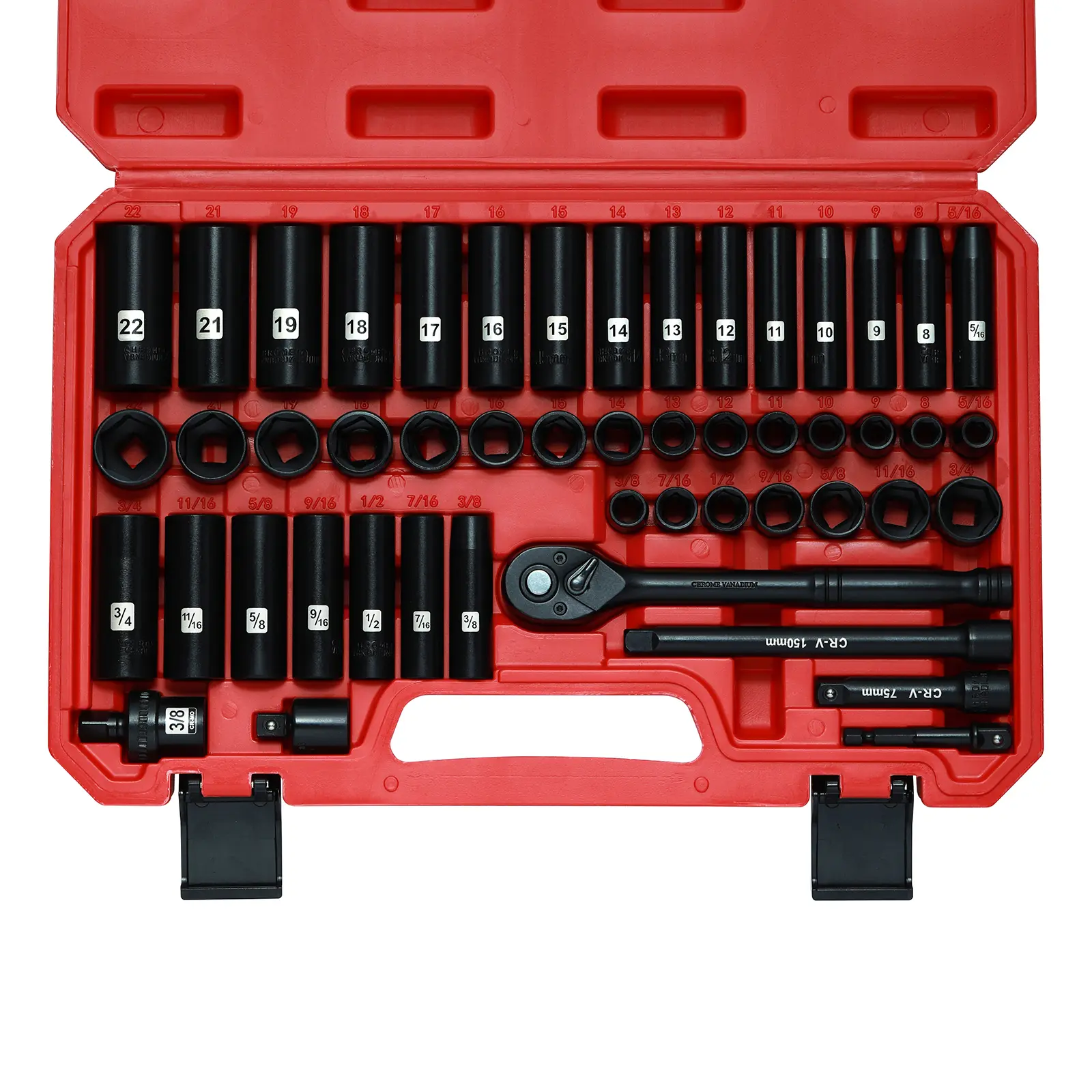 Mayouko 50-Piece 3/8” Drive Impact Socket Tool Kit Set - Mechanic Tools for Mechanics, SAE/Metric (5/16”-3/4” In, 8-22mm), Deep/Shallow, 6-Point CR-V, 72-Tooth Ratchet Wrench, Extension Bars, Universal Joint