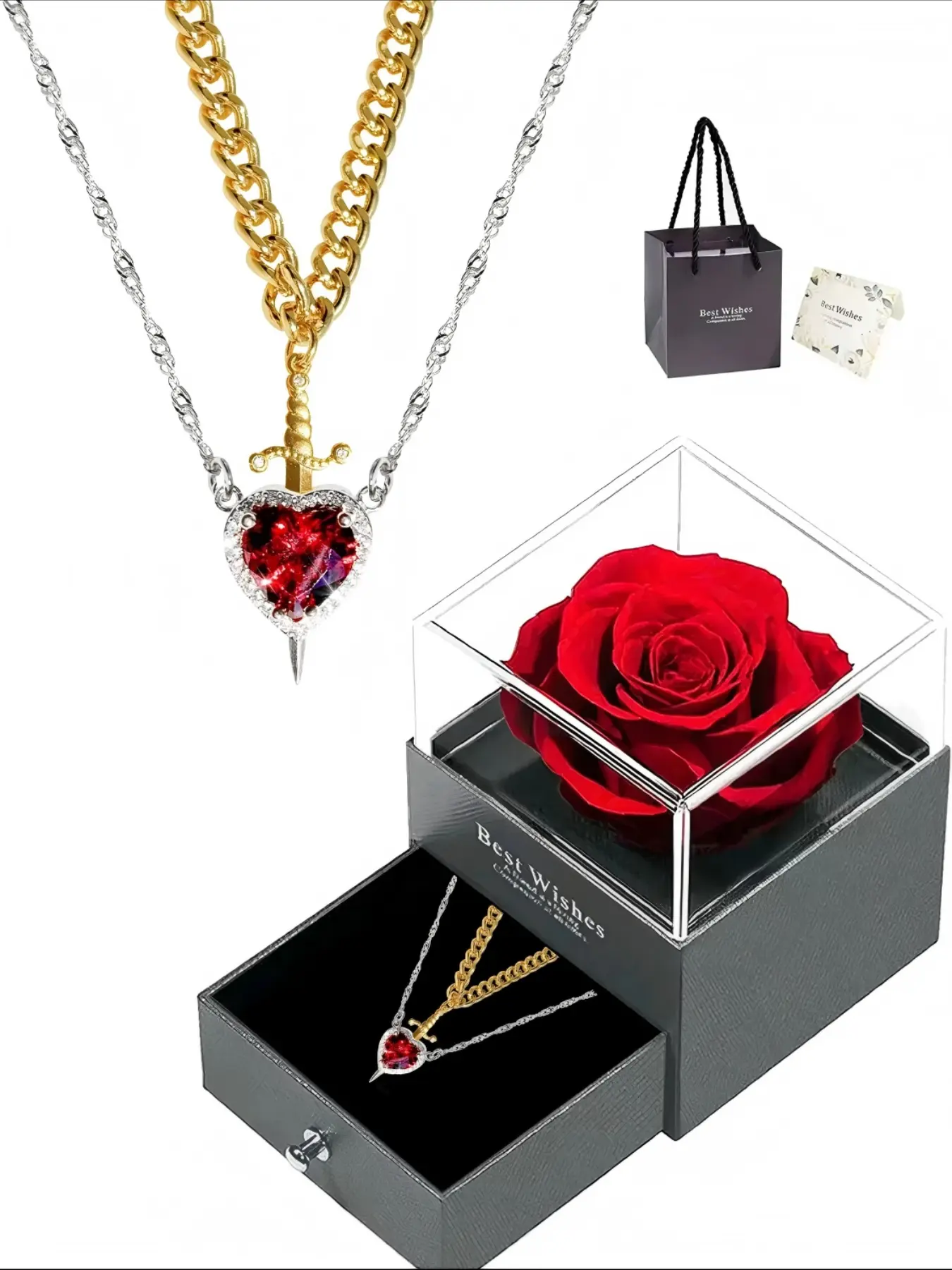 2-piece Heart and Sword Couples Necklace Chain Jewelry Rose Gift Box Set, Unique Couple's Jewelry, Exquisite Jewelry Gift, Suitable for Weddings and Parties, Christmas and Valentine's Day Gifts, Fashion Matching Necklace Chain Necklaces