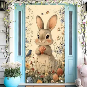 Easter Bunny and Flower Easter Egg Door Decoration Banner - Spring Home Decoration, Cute Rabbit and Flower Bird Design, Suitable for Indoor and Outdoor Parties, Courtyard or Courtyard Entrance Decoration Easter Party Decoration Decorative Banner