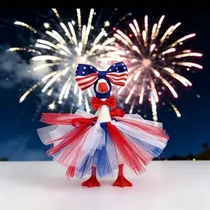 7 Inch Desktop Goose Patriotic Outfit Set for 4th of July Independence Day Graduation Valentine's Day All Holiday Ornaments with Star-Spangled Bow Headband Red Satin Bow Tie  Tulle Tutu Skirt