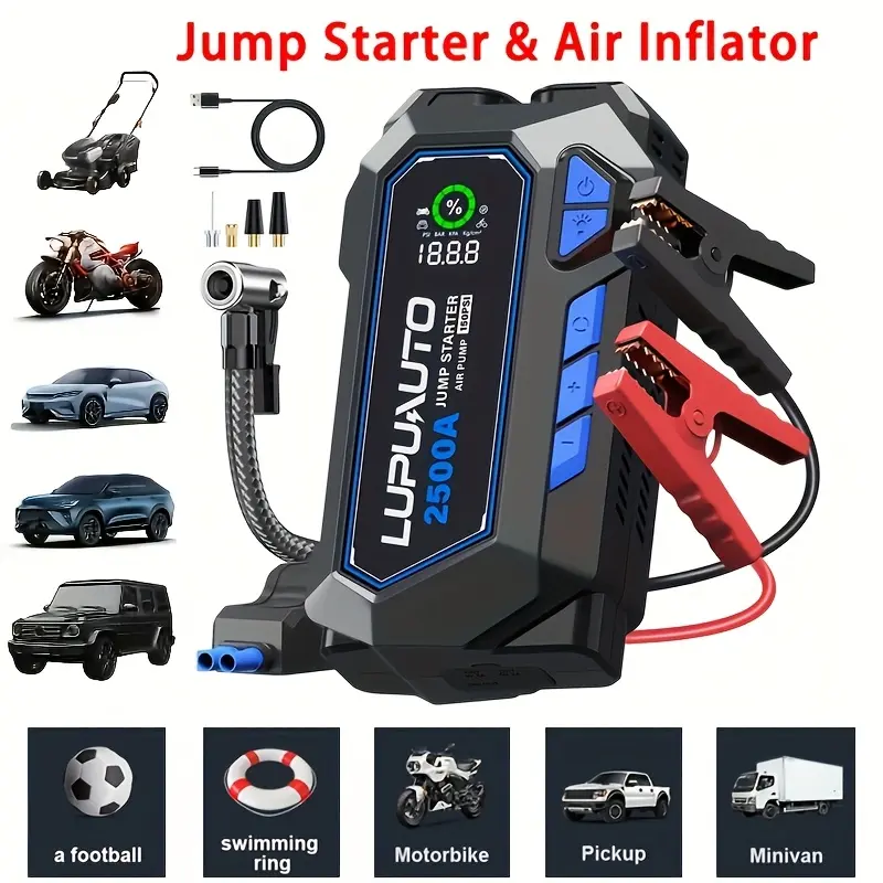 LUPUAUTO Multi-Functional Handheld Compact 2500A Booster Car Accessories - 150PSI Digital Tire Inflator, Wireless Portable Air Compressor, Battery Pack, USB Port, LED Emergency Tools for Cars, Minivans
