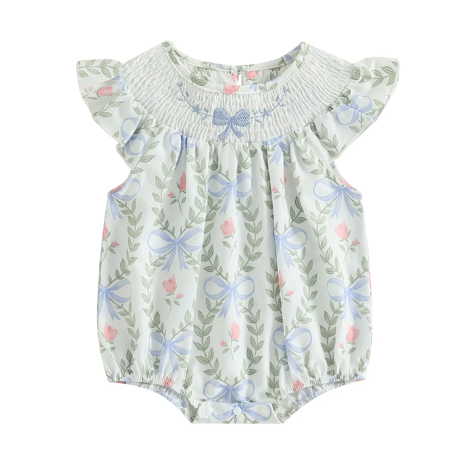 Toddler Baby Girl Clothes Summer Smocked Leaves Bubble Romper Bow Embroidery Onesie Short Sleeve Bodysuit Cute Outfits
