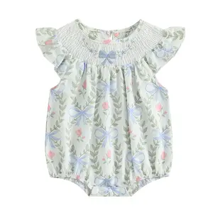 Toddler Baby Girl Clothes Summer Smocked Leaves Bubble Romper Bow Embroidery Onesie Short Sleeve Bodysuit Cute Outfits