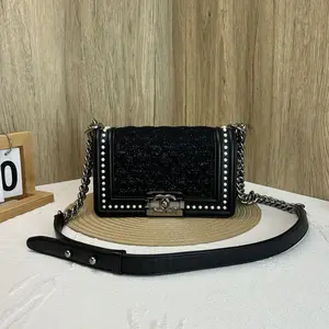 Pre-owned CHANEL Boy Small Glittered Tweed Pearl Trim Chain Shoulder & Crossbody Bag 866
