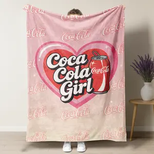Coca-Cola Girl Heart Pink Cute Velvet Blanket, Coca-Cola can Beautiful Print Blanket Soft Office Bedding Blanket PlushThin Quilt Holiday Gift,Gifts suitable for girls